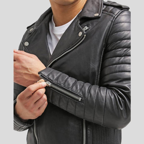 men's black slim fit lambskin leather bomber jacket silas front view