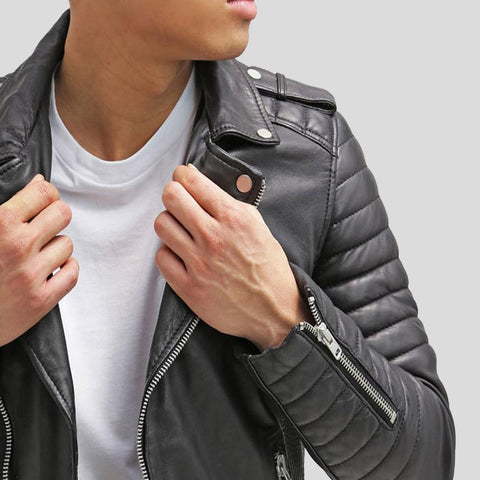 men's black slim fit lambskin leather bomber jacket silas detail close up