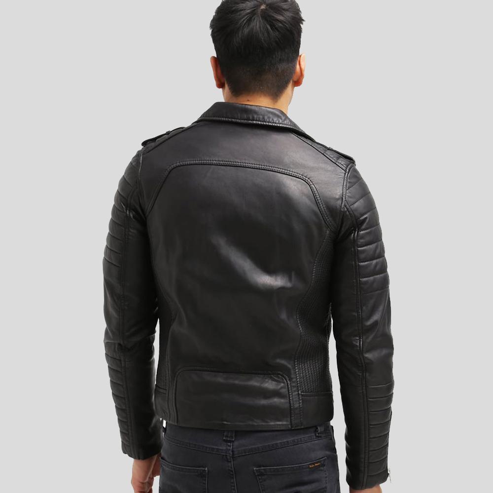 men's black slim fit lambskin leather bomber jacket silas texture detail