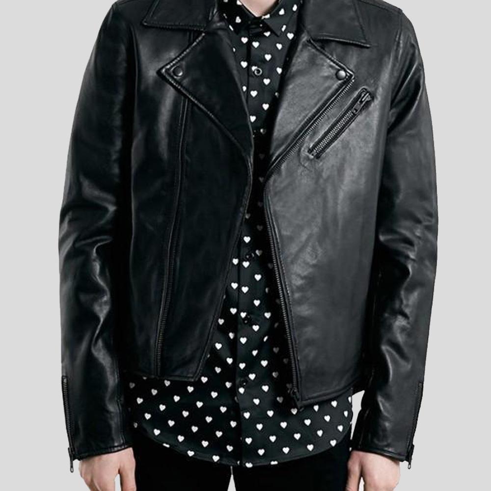 • black biker leather jacket mens front view
