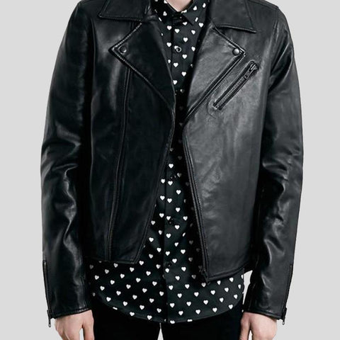 • black biker leather jacket mens front view

