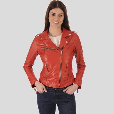 • red womens biker leather jacket front view
