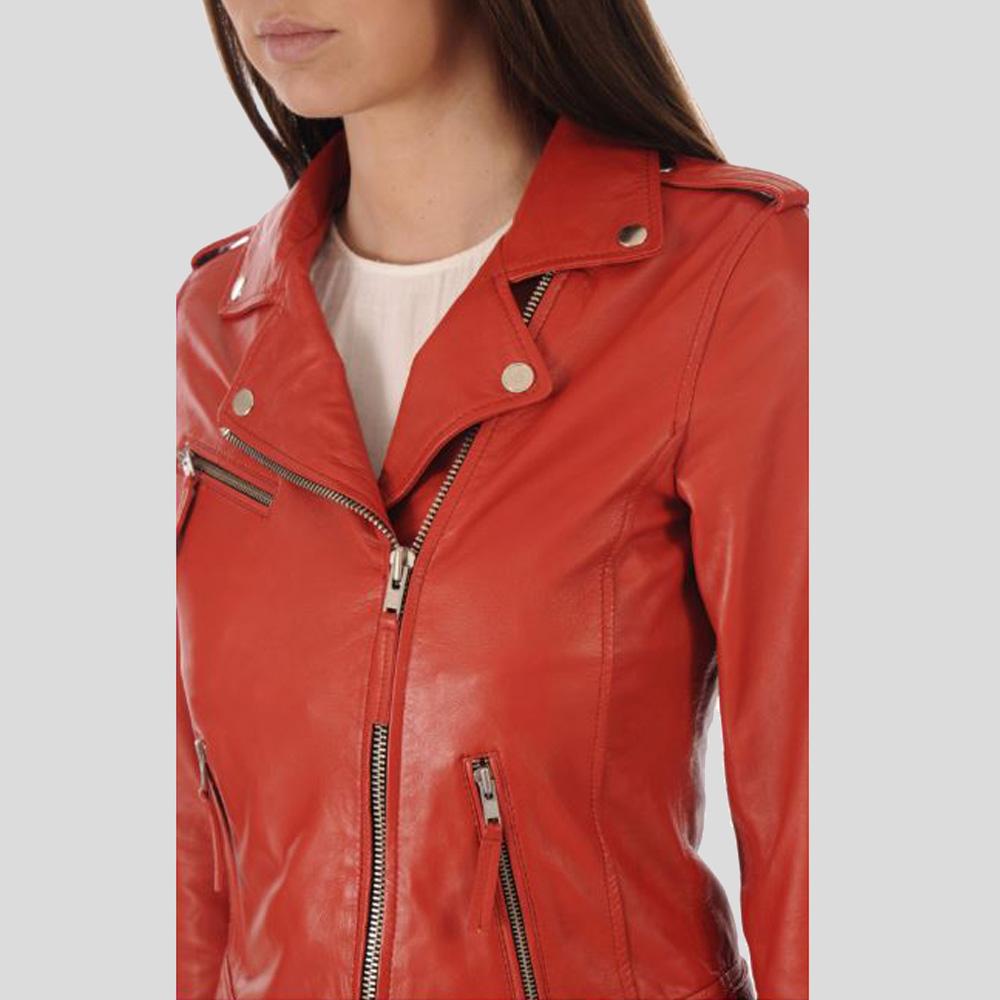 • red leather biker jacket cuff detail

