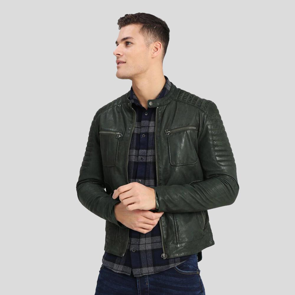 women's green quilted leather biker jacket bianca front view