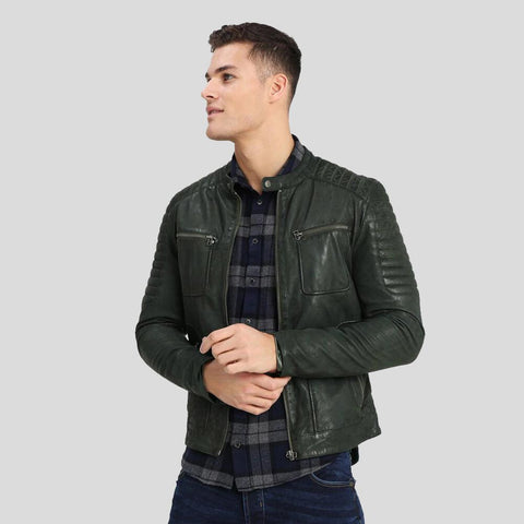 women's green quilted leather biker jacket bianca front view