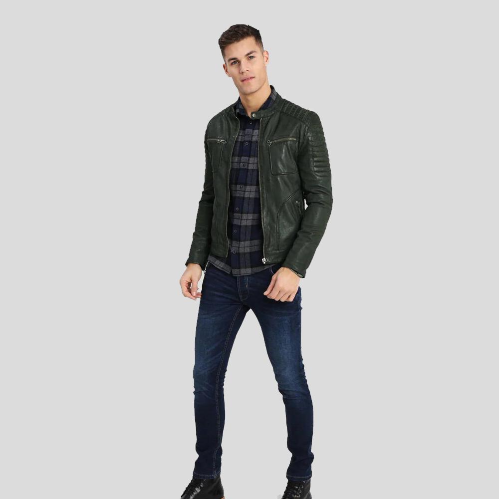 women's green quilted leather biker jacket bianca side angle