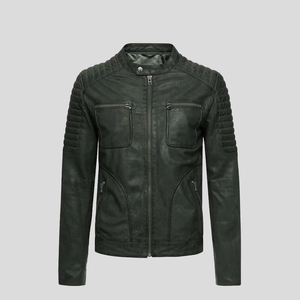 women's green quilted leather biker jacket bianca detail close up