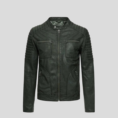 women's green quilted leather biker jacket bianca detail close up