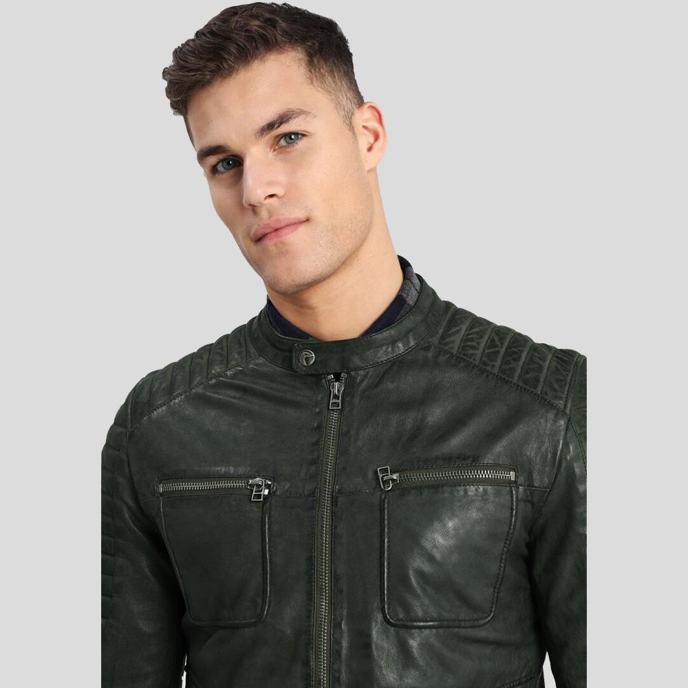women's green quilted leather biker jacket bianca texture detail
