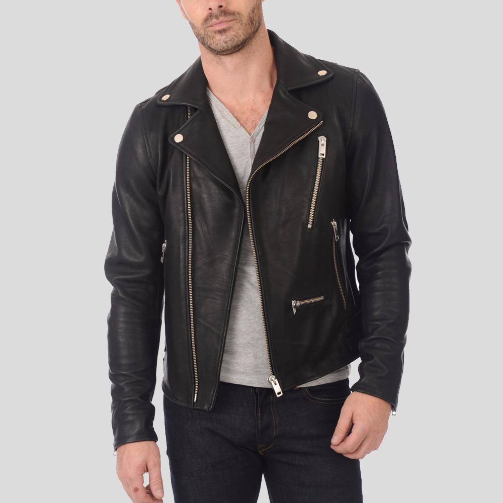 men's black lambskin leather biker jacket alden front view