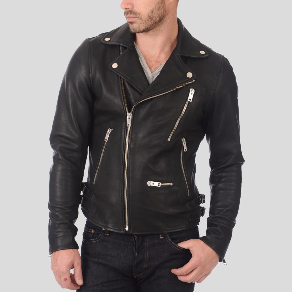 men's black lambskin leather biker jacket alden side angle
