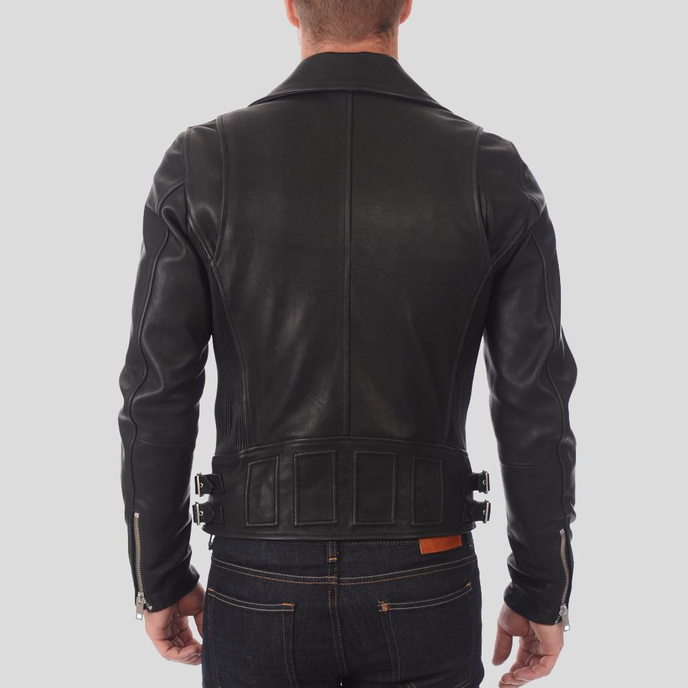 men's black lambskin leather biker jacket alden back view