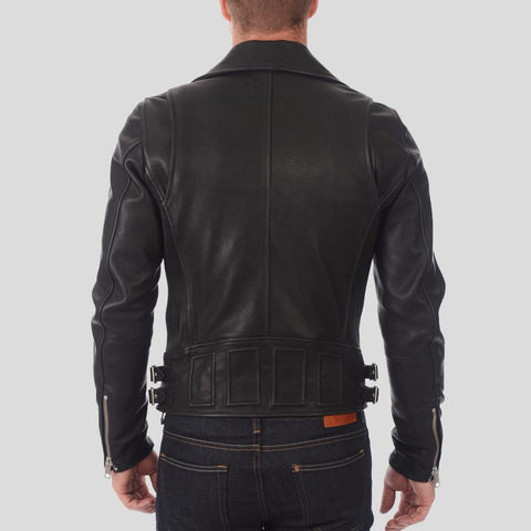 men's black lambskin leather biker jacket alden back view