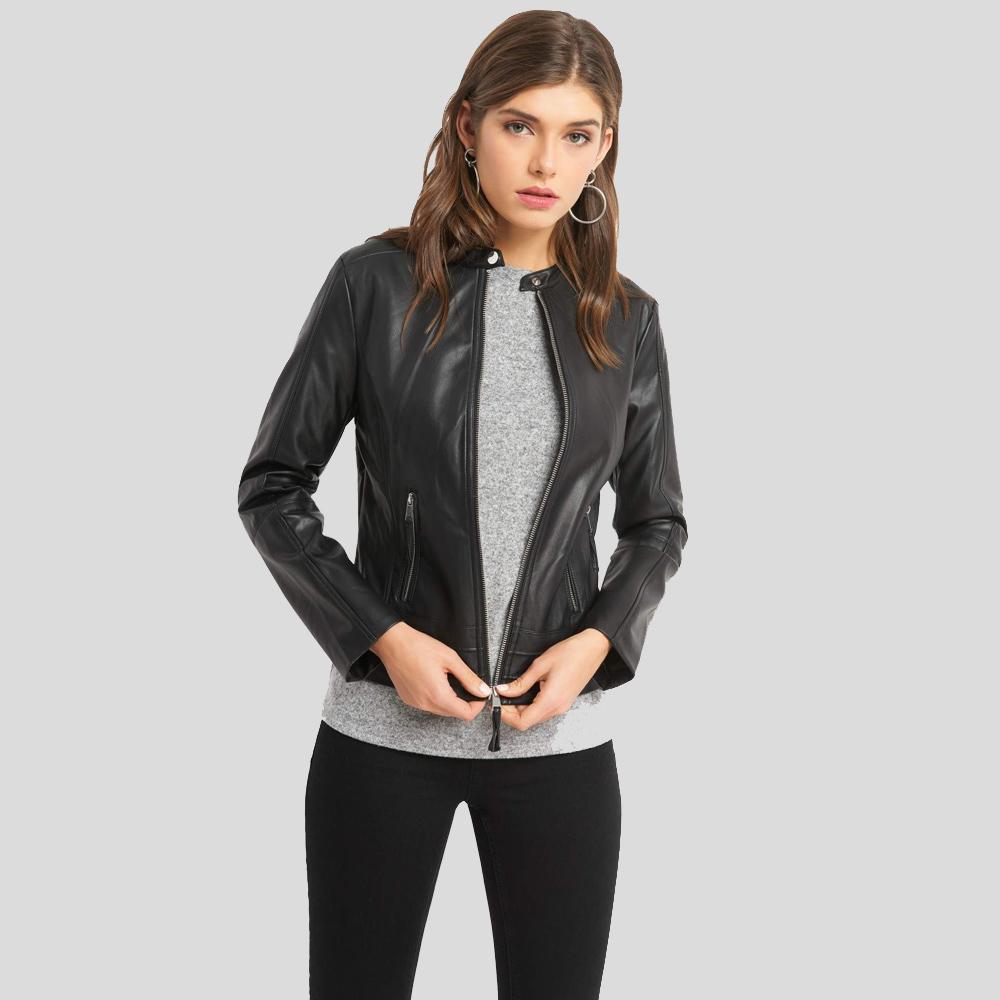 • black womens biker leather jacket front view
