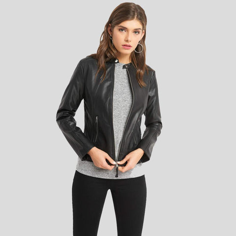 • black womens biker leather jacket front view
