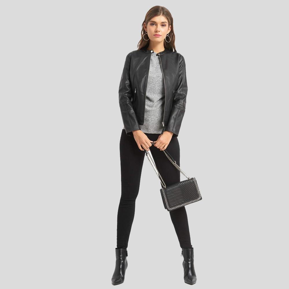 • women moto jacket zipper detail close up
