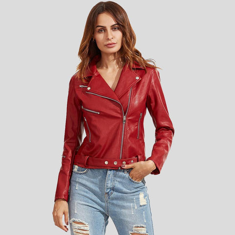 • red womens biker leather jacket front view
