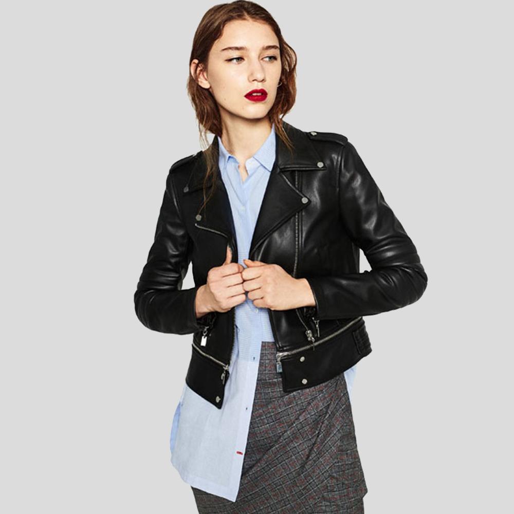 • lambskin moto jacket zipper detail close up
