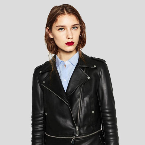 • black womens biker leather jacket front view
