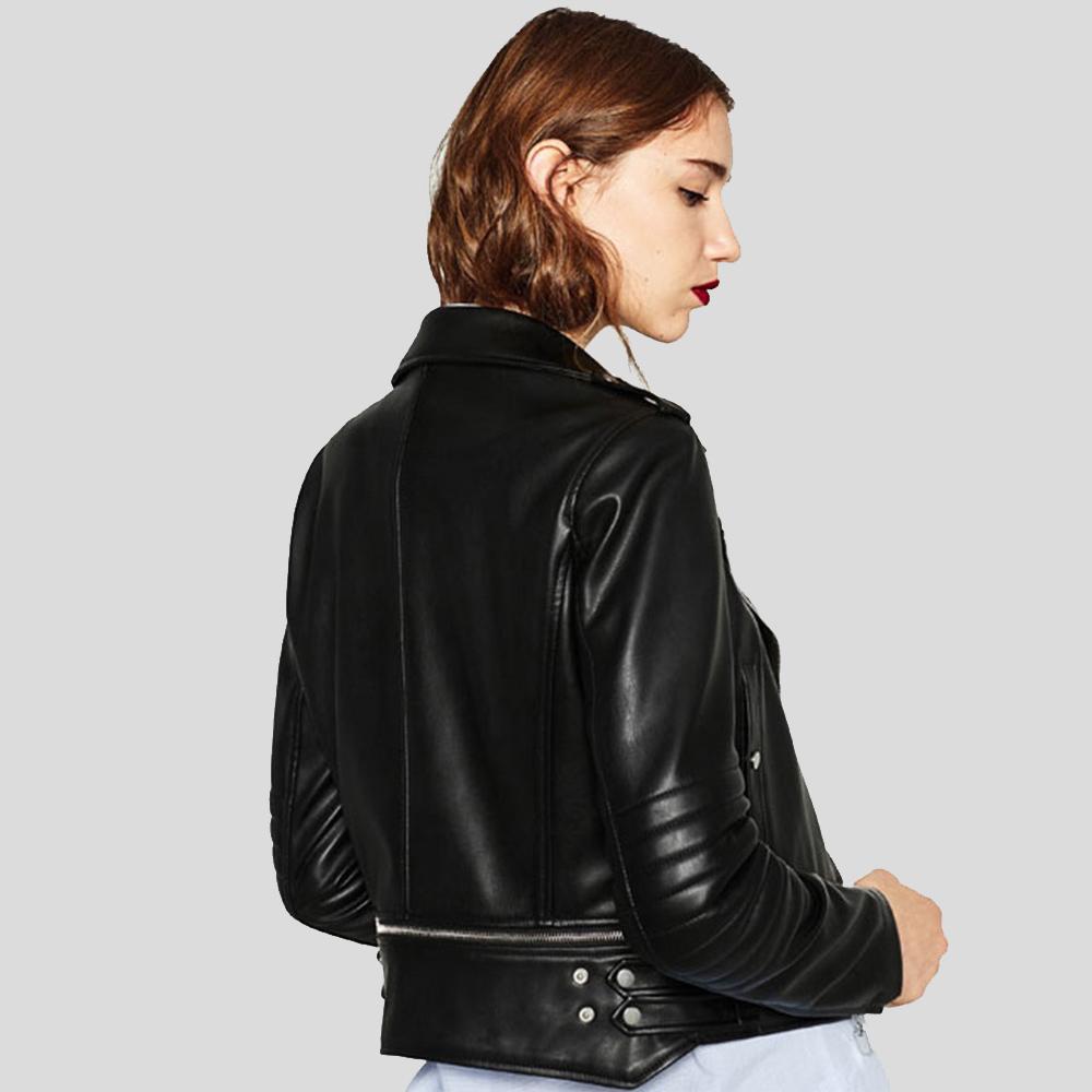 • black leather texture detail womens jacket
