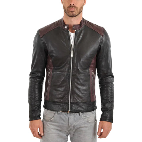 men's black quilted lambskin leather biker jacket elias front view