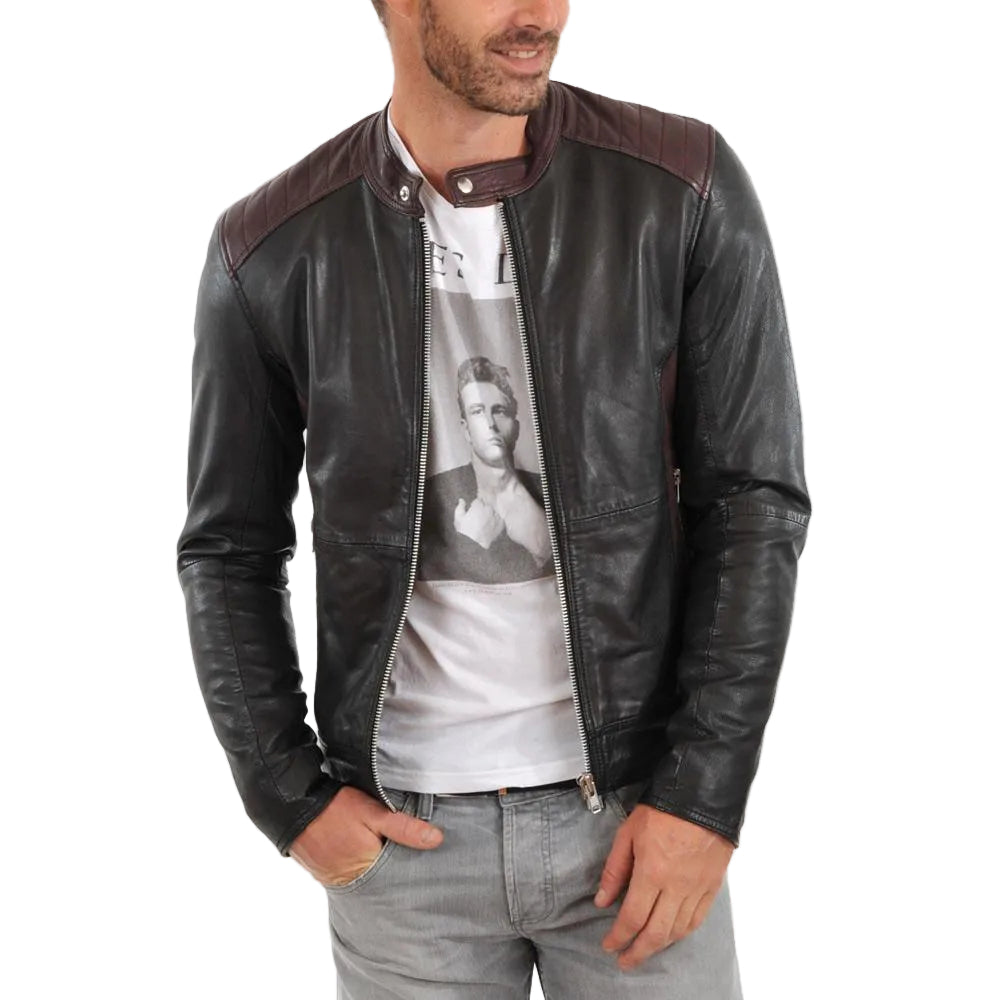 men's black quilted lambskin leather biker jacket elias side angle