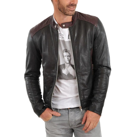 men's black quilted lambskin leather biker jacket elias side angle