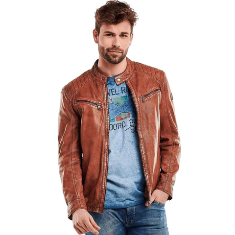 • brown biker leather jacket mens front view
