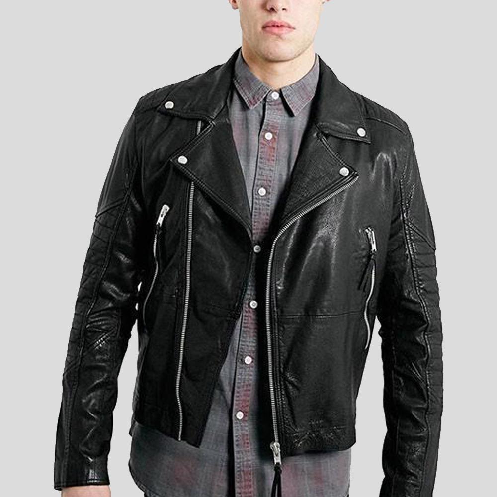 • black biker leather jacket mens front view
