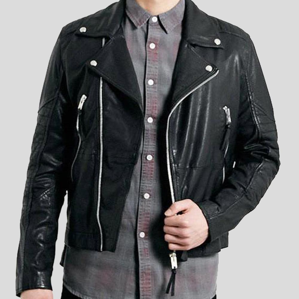 • notch collar biker jacket detail close up
