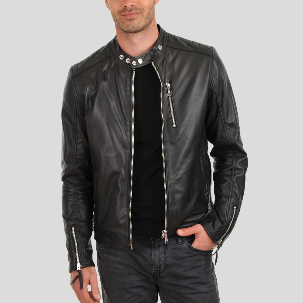 men's black slim fit lambskin leather biker jacket osric front view
