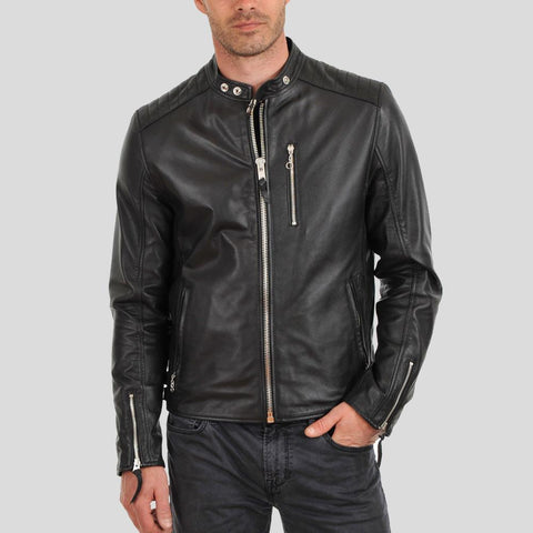 men's black slim fit lambskin leather biker jacket osric side angle