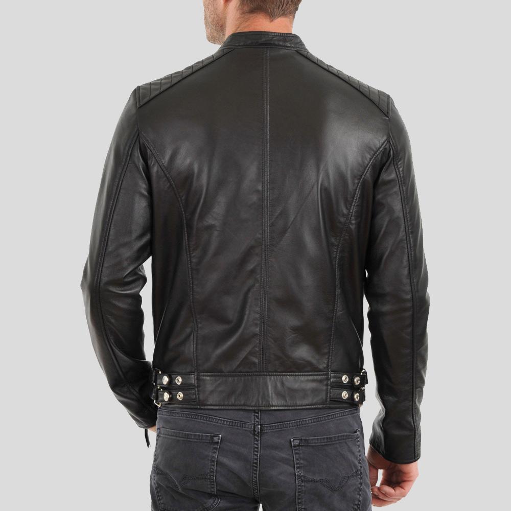 men's black slim fit lambskin leather biker jacket osric back view