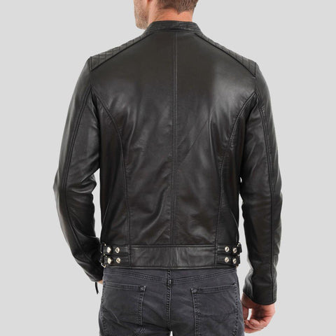 men's black slim fit lambskin leather biker jacket osric back view