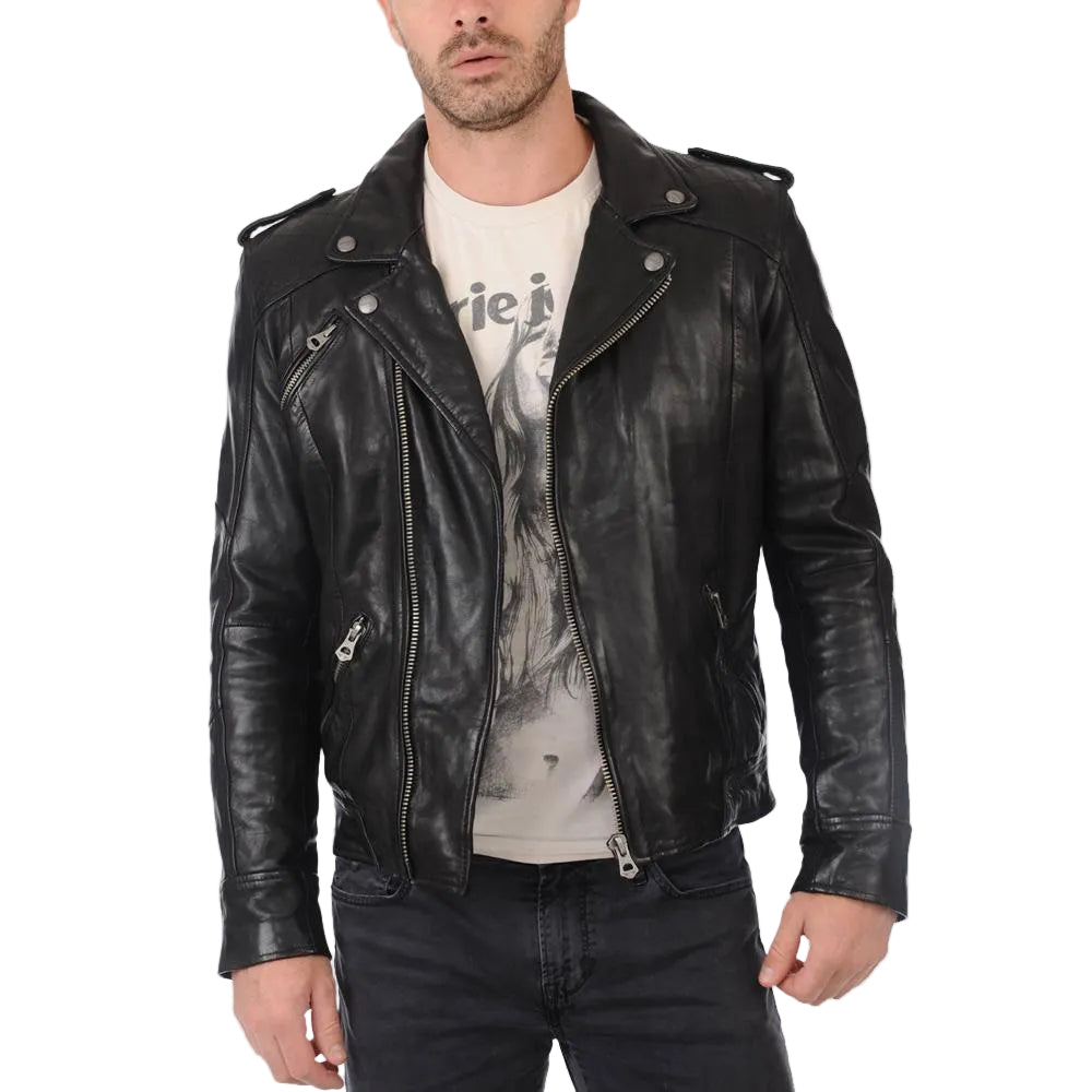 men's black lambskin leather biker jacket tristan front view