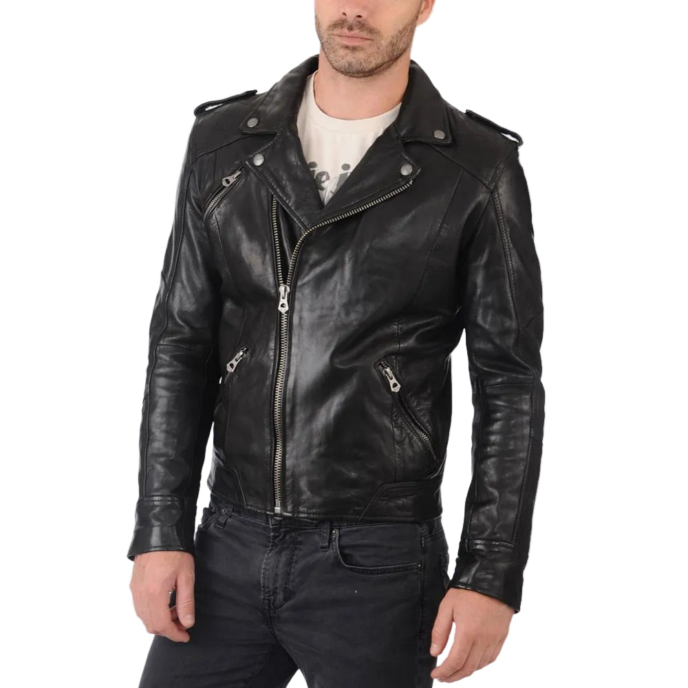 men's black lambskin leather biker jacket tristan side angle