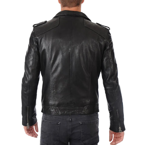 men's black lambskin leather biker jacket tristan back view
