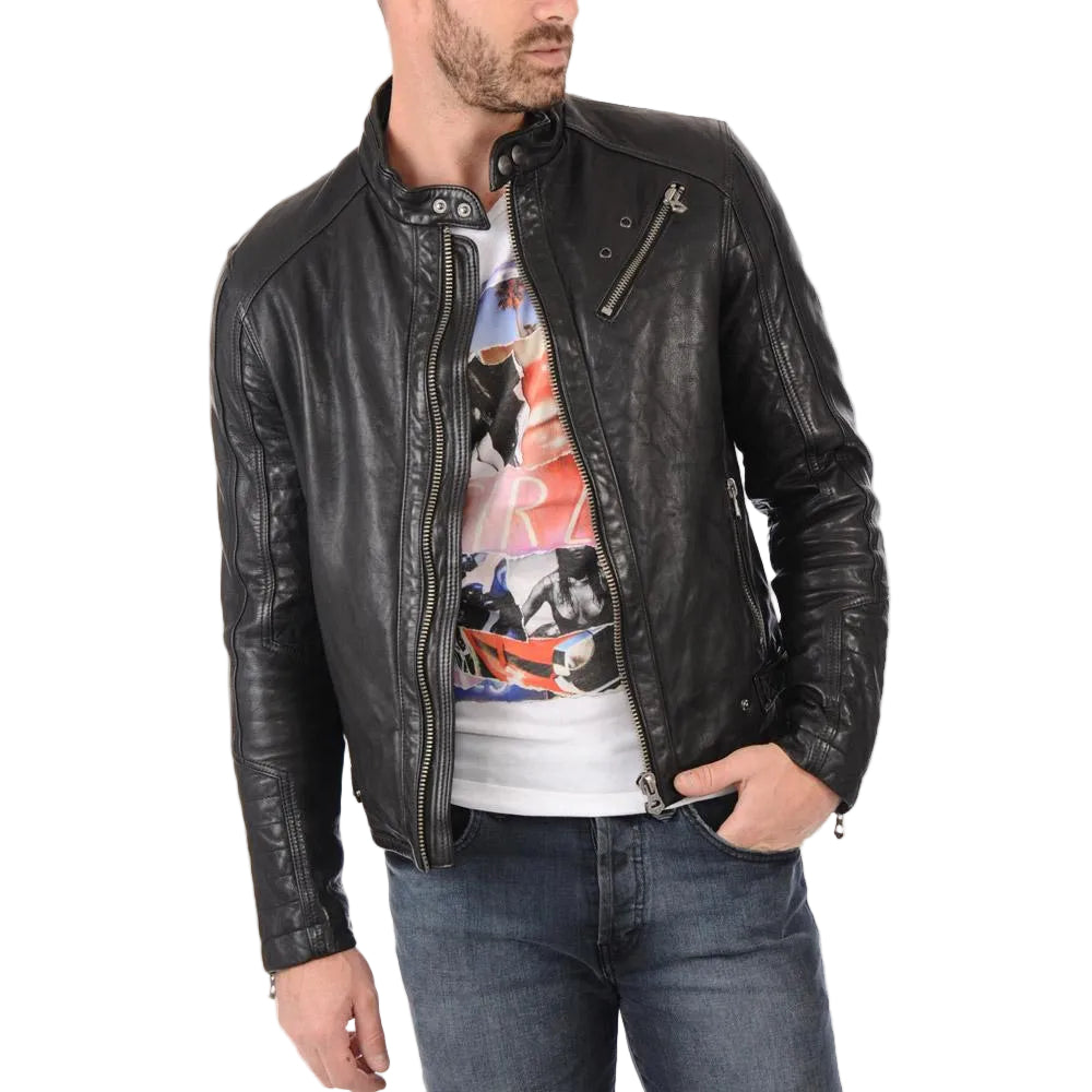 men's black lambskin leather biker jacket jasper front view