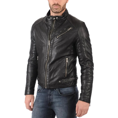 men's black lambskin leather biker jacket jasper side angle