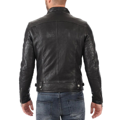 men's black lambskin leather biker jacket jasper back view