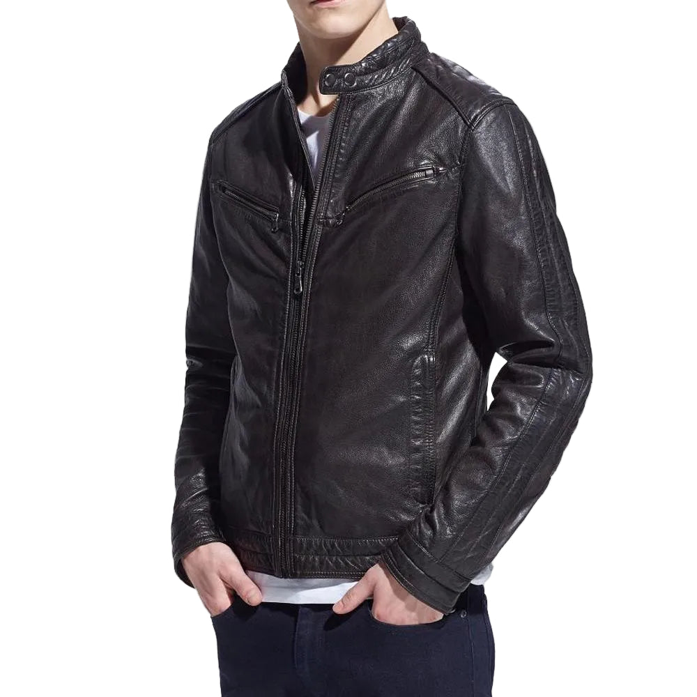 men's black lambskin leather biker jacket gideon front view