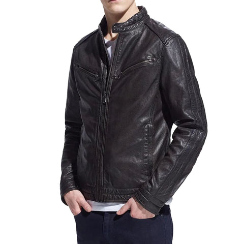 men's black lambskin leather biker jacket gideon front view
