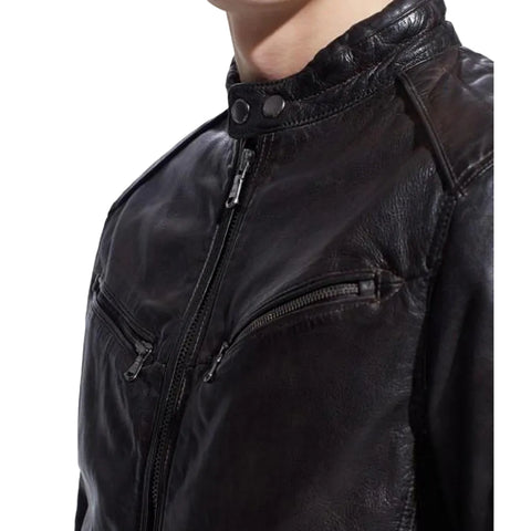 men's black lambskin leather biker jacket gideon back view