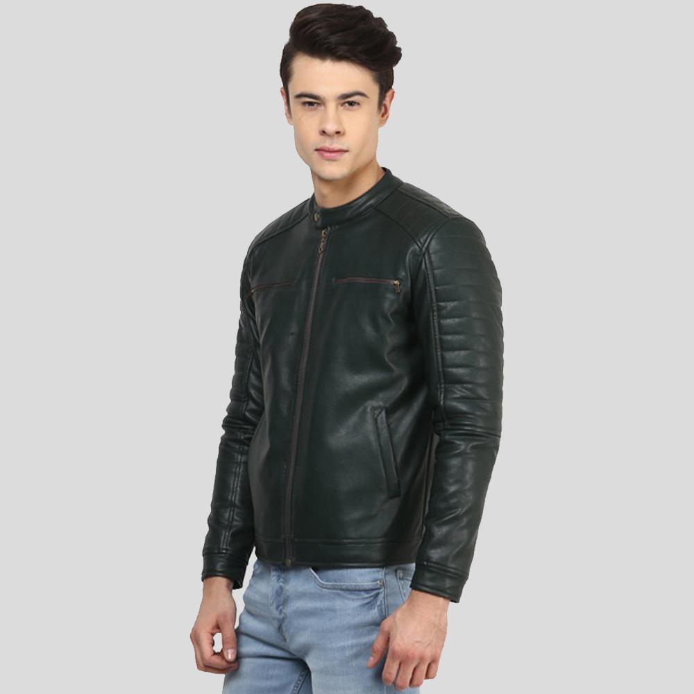 • band collar biker jacket detail close up
