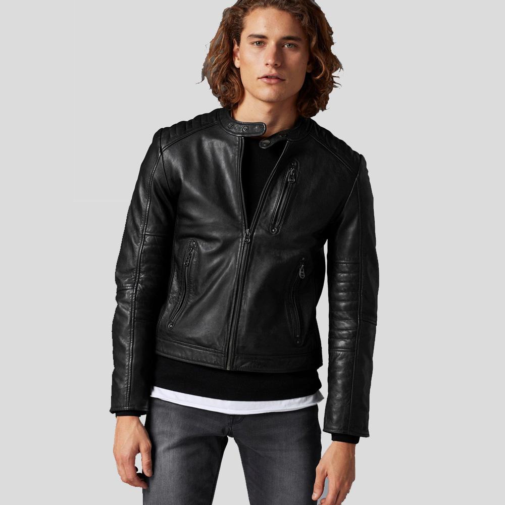men's black slim fit lambskin leather bomber jacket kael front view