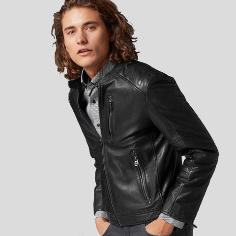 men's black slim fit lambskin leather bomber jacket kael back view