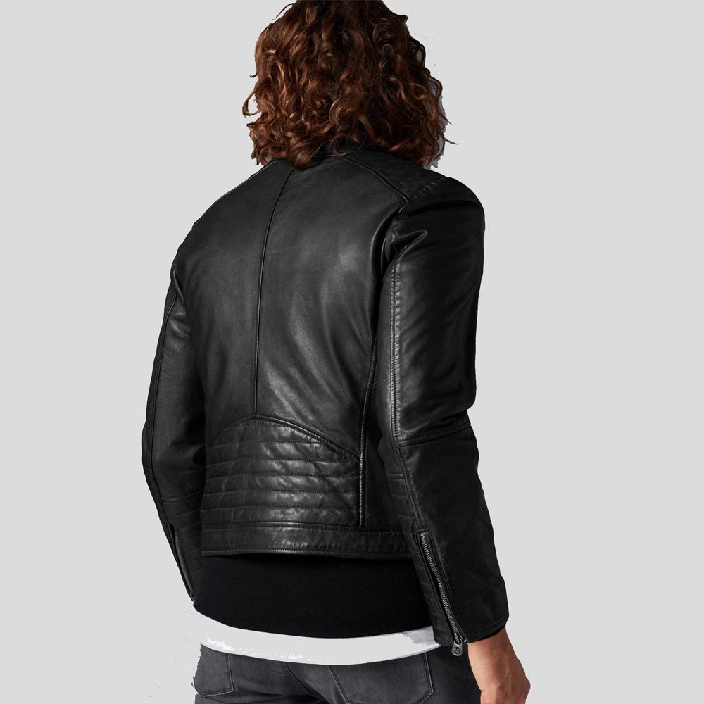 men's black slim fit lambskin leather bomber jacket kael detail close up