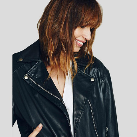• black biker leather jacket womens front view
