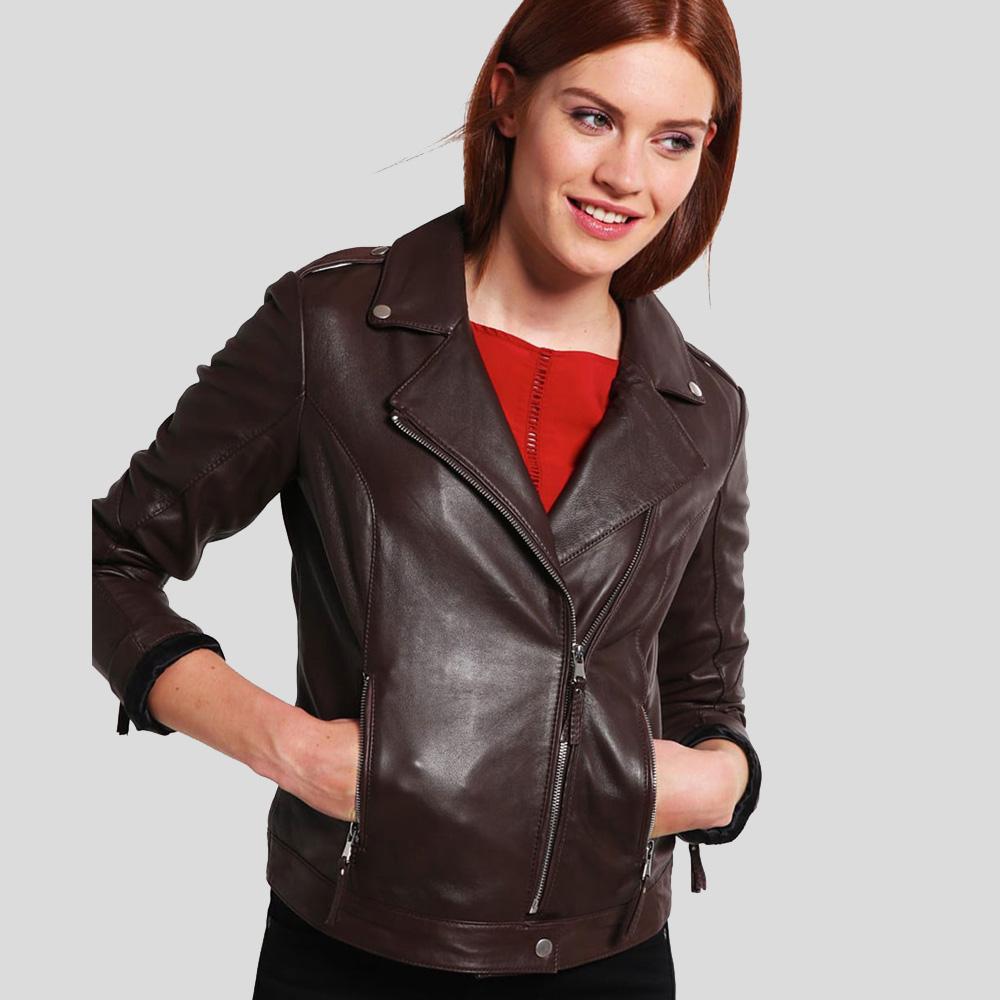 • brown biker leather jacket womens front view
