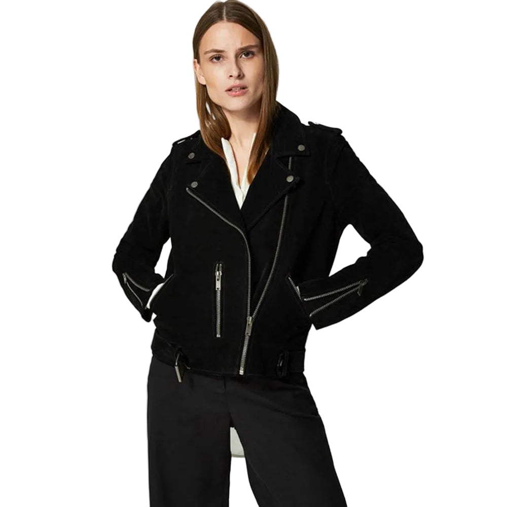 women's black suede leather jacket amelie front view